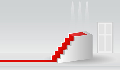 Fototapeta premium Podium, red carpet and geometric shapes in white tones. An empty space for your design. 3d image.