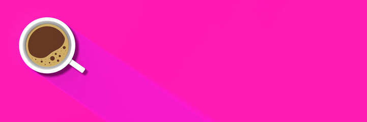 a white cup of coffee on pink background. long shadow from cup. invigorating drink. banner for insertion into site. Place for text cope space. 3D image. 3D rendering.