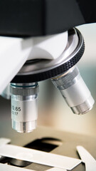 Close-up view of scientific microscopic data analysis in laboratory. Scientists research and develop medical drugs.