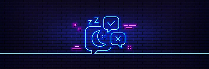 Neon light glow effect. Sleep line icon. Night rest sign. Chat bubble with moon symbol. 3d line neon glow icon. Brick wall banner. Sleep outline. Vector