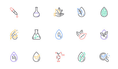 No artificial colors, organic leaf line icons. Dermatologically tested, Paraben chemical formula icons. Hypoallergenic tested, Neutral ph. Linear set. Bicolor outline web elements. Vector