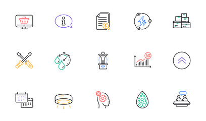 Web shop, Thoughts and Wholesale goods line icons for website, printing. Collection of Artificial colors, Winner podium, Information icons. Calendar, Employees talk, Screwdriverl web elements. Vector