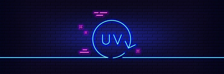 Neon light glow effect. Uv protection cream line icon. Skin care sign. Cosmetic change symbol. 3d line neon glow icon. Brick wall banner. Uv protection outline. Vector