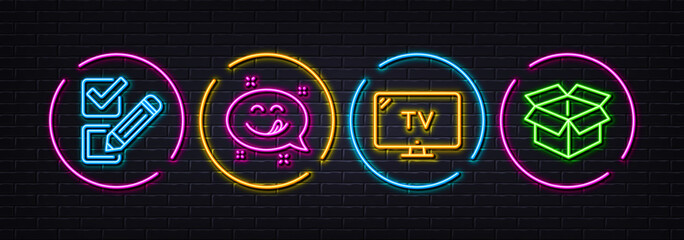 Tv, Yummy smile and Checkbox minimal line icons. Neon laser 3d lights. Open box icons. For web, application, printing. Television, Emoticon, Survey choice. Delivery package. Vector