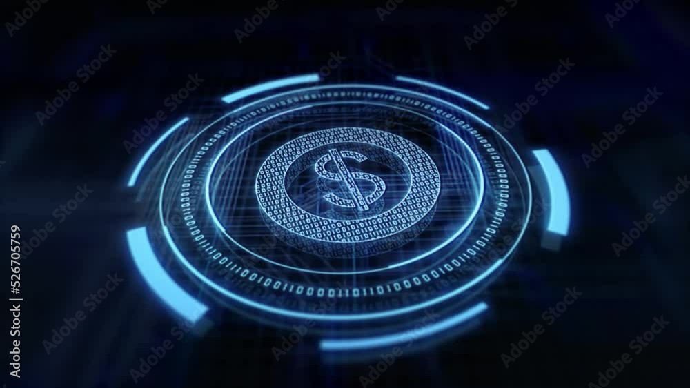 Poster abstract animation of dollar icon in digital cyberspace.dollar digital cryptocurrency intro.blue col
