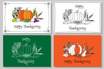 Fototapeta na wymiar Thanksgiving postcard, template for cover, flyer, invitation. Autumn harvest, pumpkin, corn, grapes, pears and others.