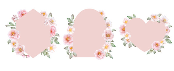 beige, pink border, frame with flowers isolated on white background. Watercolor illustration. Template