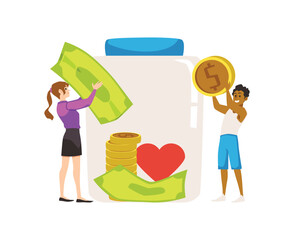 People save or donate money in glass jar, flat vector illustration isolated on white background.