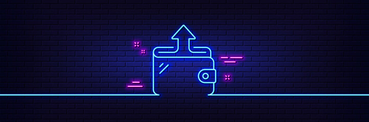 Neon light glow effect. Wallet line icon. Send money purse sign. Cash budget symbol. 3d line neon glow icon. Brick wall banner. Wallet outline. Vector