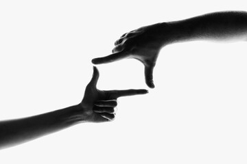 Fingers frame. Monochrome image of beautiful hands in different motion isolated on white background. Concept of emotions, creativity, symbolism, art