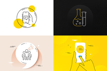 Minimal set of Chemistry lab, Chat app and 360 degree line icons. Phone screen, Quote banners. Brand ambassador icons. For web development. Laboratory, Smartphone message, Virtual reality. Vector