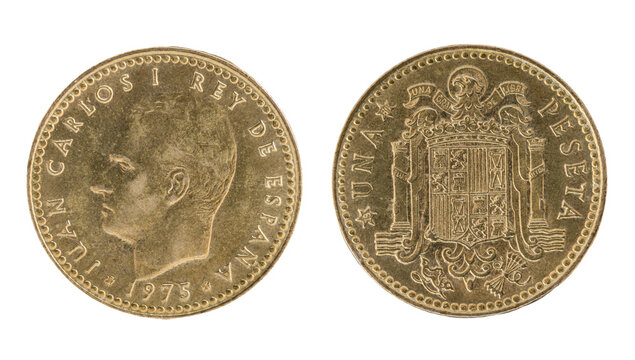 One ( 1 ) peseta coin from Spain with the sphinx of King Juan Carlos I and the constitutional coat of arms