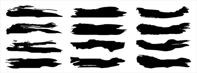 Vector collection of artistic grungy black paint hand made creative brush stroke set isolated on banner background. A group of abstract grunge sketches for design education or graphic art decoration