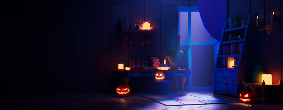 Halloween Pumpkin Decorations with Potions, in a Fun Wizard's Room at Night. Halloween background with copy-space.