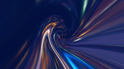 3D Rendering of abstract fast moving stripe lines with glowing sun light flare. High speed motion blur. Concept of leading in business, Hi tech products, warp speed wormhole science. 3D rendering