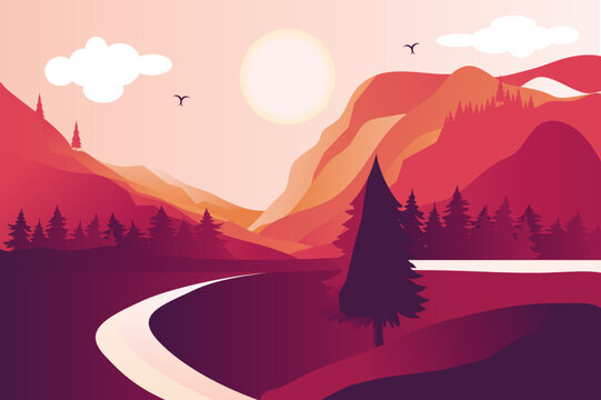 seamless image of colorful mountains with trees. Vector illustration.