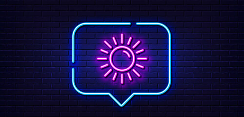 Neon light speech bubble. Sun line icon. Hot weather sign. Summer symbol. Neon light background. Sun glow line. Brick wall banner. Vector