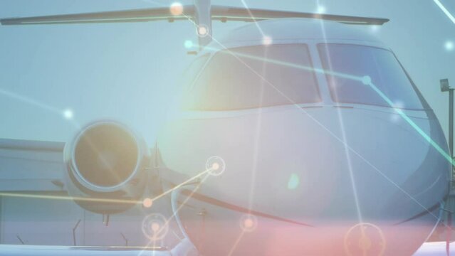 Animation of network of connections over airplane at an airport