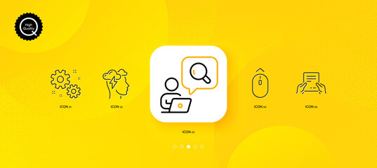 Fototapeta na wymiar Swipe up, Inspect and Work minimal line icons. Yellow abstract background. Mindfulness stress, Receive file icons. For web, application, printing. Scrolling page, Search info, Settings. Vector