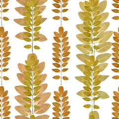 Watercolor autumn nature seamless pattern on white background. Leaves and branches.