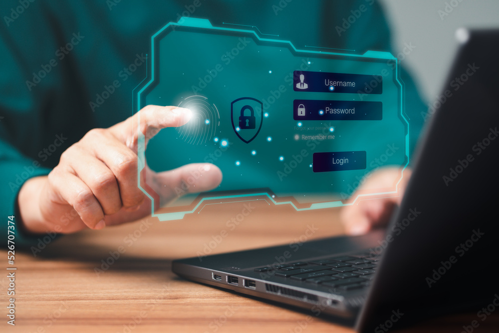 Poster Man login with fingerprint scanning technology in the computer. Secure encryption and access to the user's private information to access the Internet.