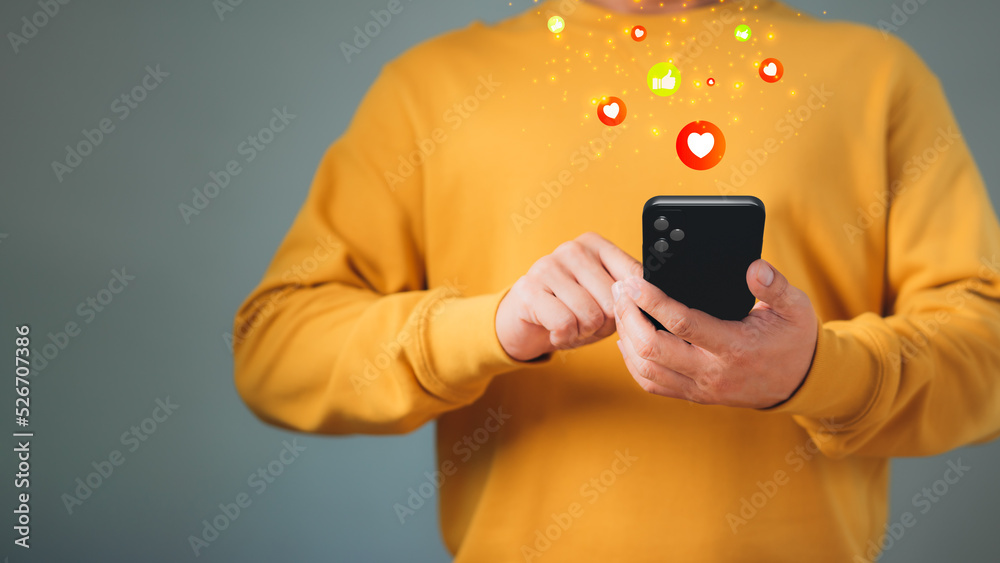 Poster Man hand using smartphone typing live chat chatting on application communication digital web and social network concept. Social media application chat box.