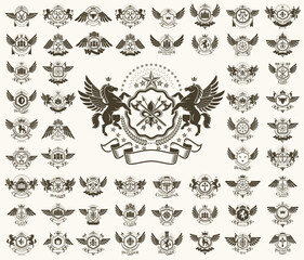 Vintage heraldic emblems vector big set, antique heraldry symbolic badges and awards collection, classic style design elements, family emblems.