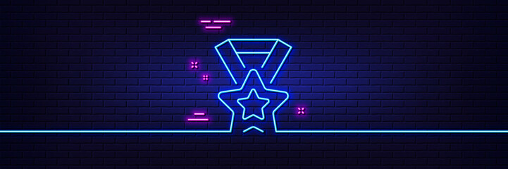 Neon light glow effect. Winner ribbon line icon. Award star medal sign. Best achievement symbol. 3d line neon glow icon. Brick wall banner. Winner ribbon outline. Vector