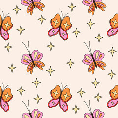 Groovy butterflies and stars seamless pattern. 1970 vibes retro pattern with butterfly. Groovy seamless background