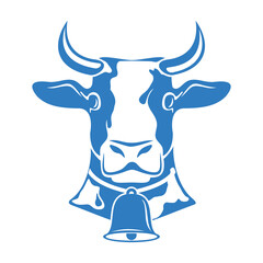 Cow head with bell  isolated on white background. Vector illustration	