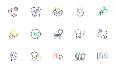 Time, Food donation and Approved award line icons for website, printing. Collection of Friends community, Payment, Escalator icons. Money currency, Money transfer, Chef web elements. Vector