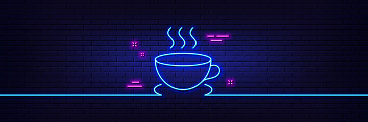 Neon light glow effect. Coffee drink line icon. Hot cup sign. Fresh beverage symbol. 3d line neon glow icon. Brick wall banner. Cappuccino outline. Vector © blankstock