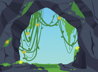 Stone cave entrance landscape with tropical and jungle plants, cartoon flat vector illustration.