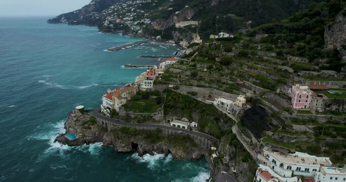 Luna Rossa Amalfi coast from drone view, steep cliff shore of Tyrrhenian sea