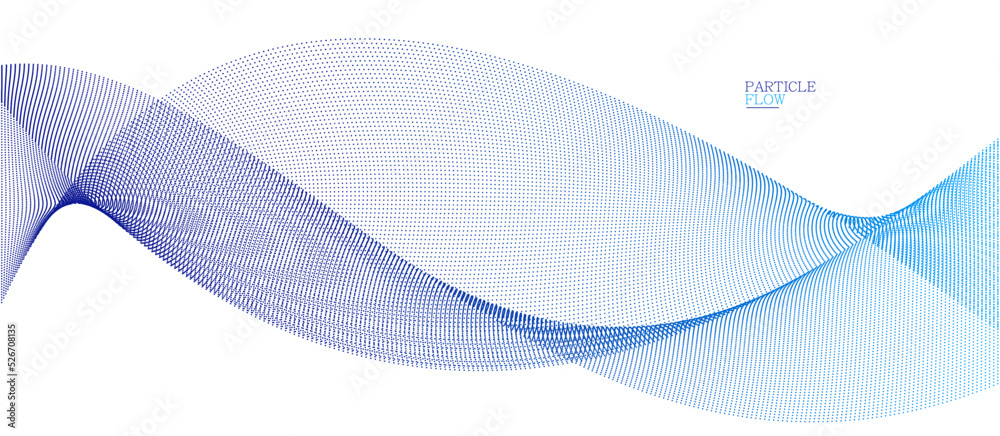 Wall mural blue dots in motion vector abstract background, particles array wavy flow, curve lines of points in 