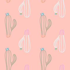 Vector seamless pattern with colorful hand draw cactus and flower illustration pink background