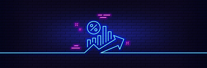 Neon light glow effect. Loan percent growth chart line icon. Discount sign. Credit percentage symbol. 3d line neon glow icon. Brick wall banner. Loan percent outline. Vector