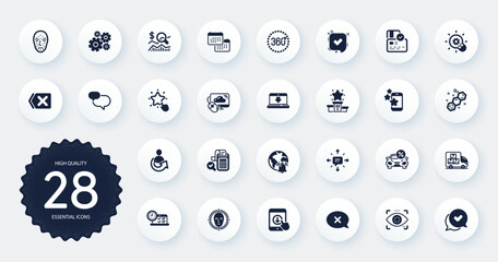 Set of Technology icons, such as 360 degrees, Confirmed and Card flat icons. Sms, Share, Chemical formula web elements. Internet downloading, Face detect, Eye detect signs. Cogwheel. Vector