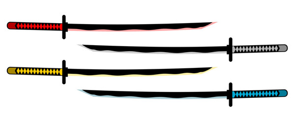 Set katana sword samurai ronin weapon japanese style red gray yellow and blue flat vector icon design.