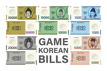 Vector set of gaming South Korean banknotes.  In denominations of one thousand, 5000, 10 000, 20 000 and 50 000 won. The hieroglyphs mean Bank of Korea and won