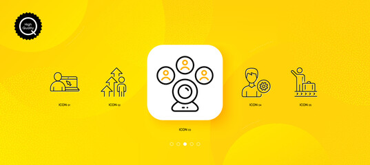 Fototapeta na wymiar Support, Online education and Video conference minimal line icons. Yellow abstract background. Luggage belt, Employee result icons. For web, application, printing. Vector