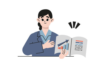 Business development concept. Young woman worker  showing  presentation with successful diagram chart. Flat vector illustration isolated on white background