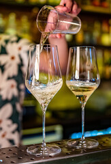 bartender pouring white wine into a glass in cafe or bar