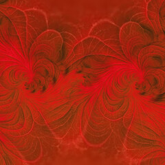 red background, many shades of beige light brown red scarlet and black spiraling design