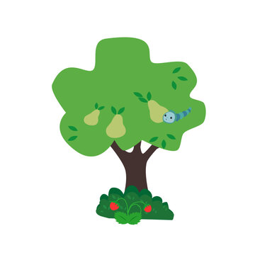 The picture shows a strawberry tree, summer, a children's vector drawing, a background with a caterpillar. New background for the project, presentation.