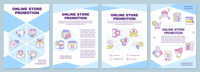 Online store promotion turquoise brochure template. Leaflet design with linear icons. Editable 4 vector layouts for presentation, annual reports. Arial-Black, Myriad Pro-Regular fonts used