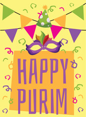 Traditional Jewish holiday Purim - invitation poster template with copy space for text, flat vector illustration.