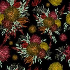 Fototapeta na wymiar Watercolor seamless pattern with autumn flowers chrysanthemums, berries and leaves.