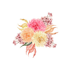 Watercolor autumn bouquet with chrysanthemum flowers, leaves.