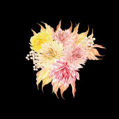 Watercolor autumn bouquet with chrysanthemum flowers, leaves and berries.